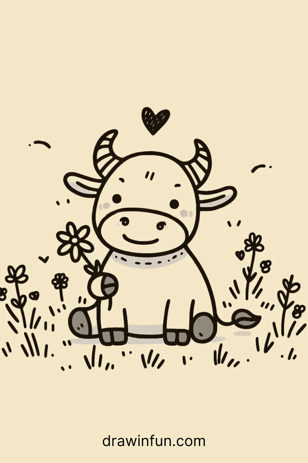 A bull with a small flower in its mouth easy drawing