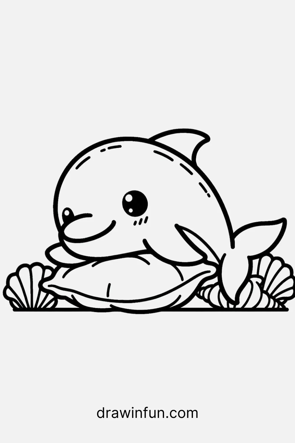 A dolphin lying on a shell bed easy drawing