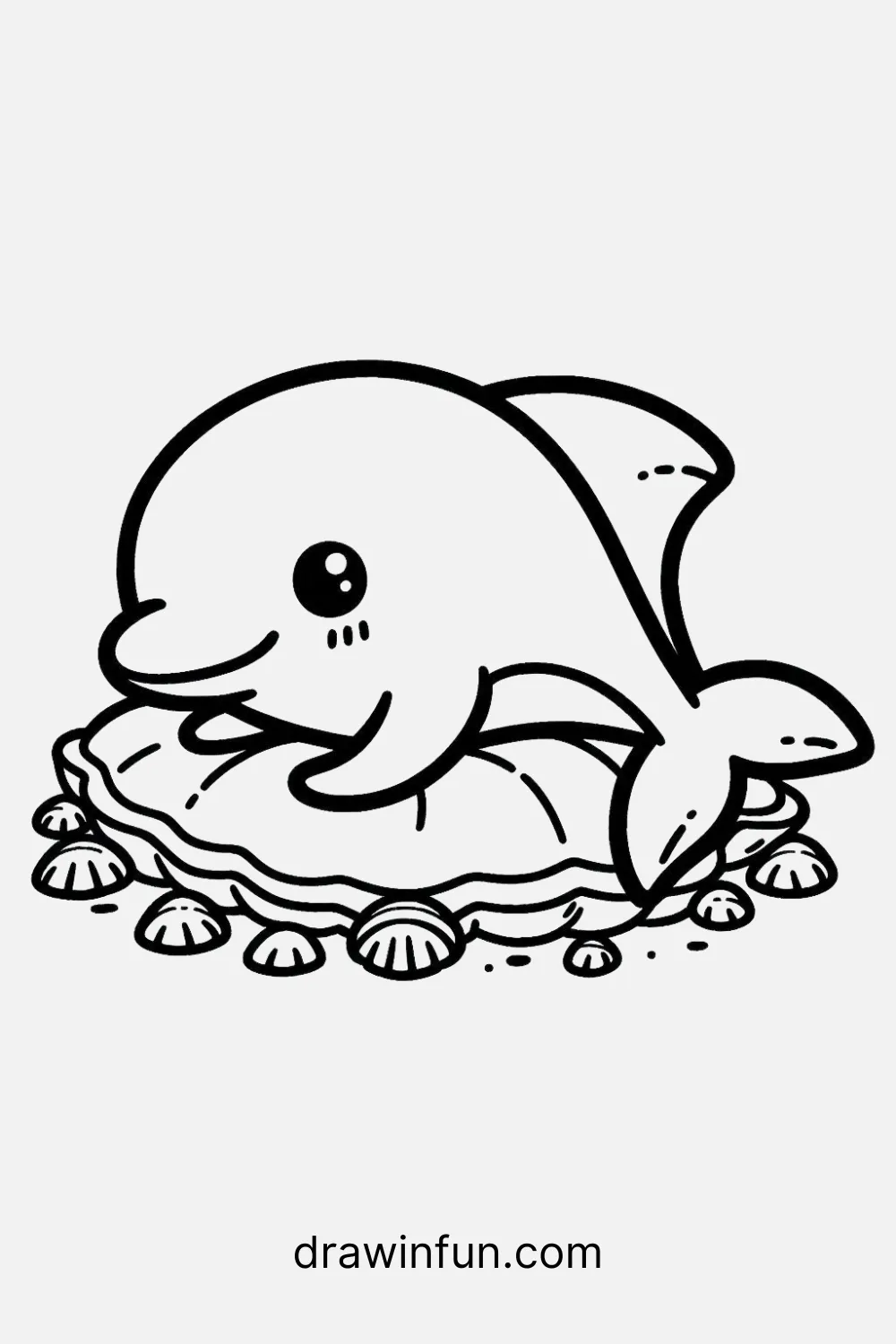 A dolphin lying on a shell bed easy drawing