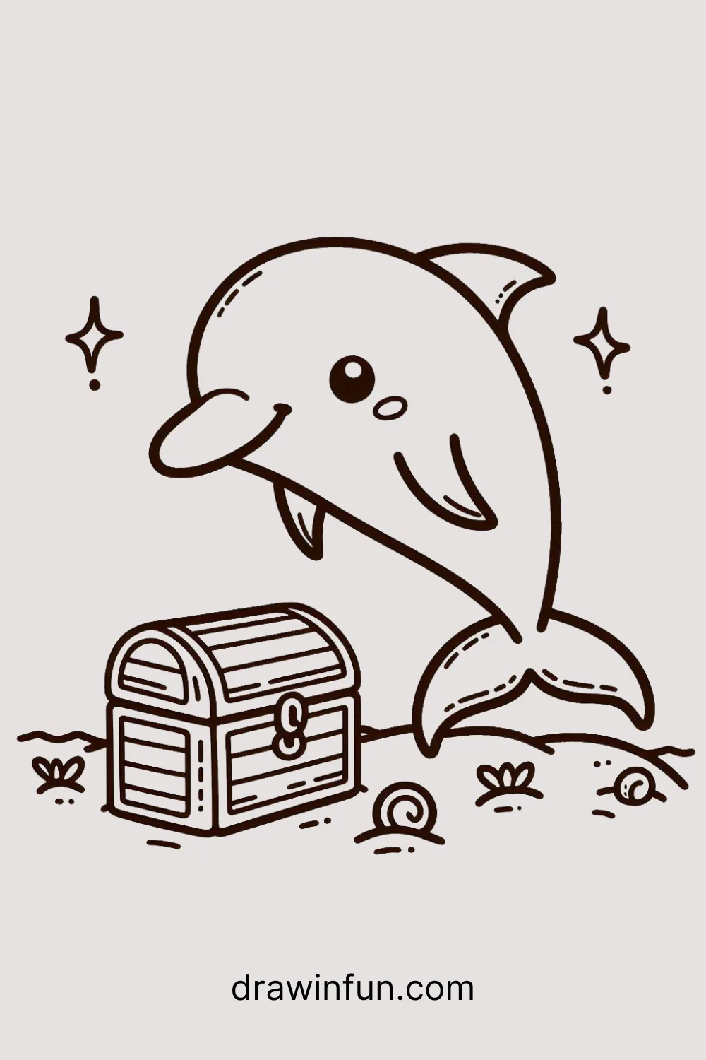 A dolphin near a treasure chest easy drawing