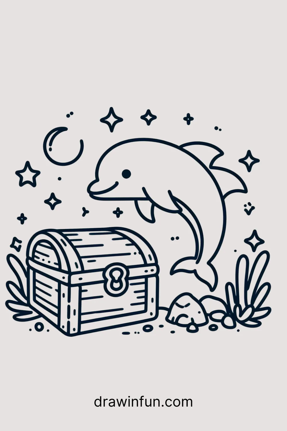 A dolphin near a treasure chest easy drawing