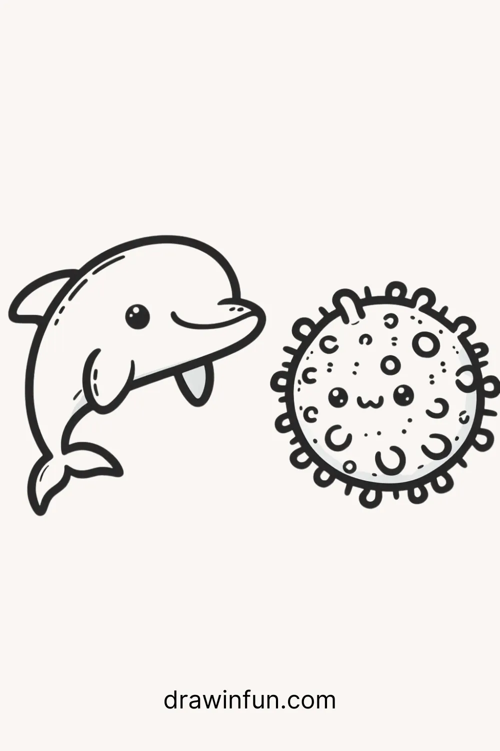 A dolphin next to a puffed-up pufferfish easy drawing