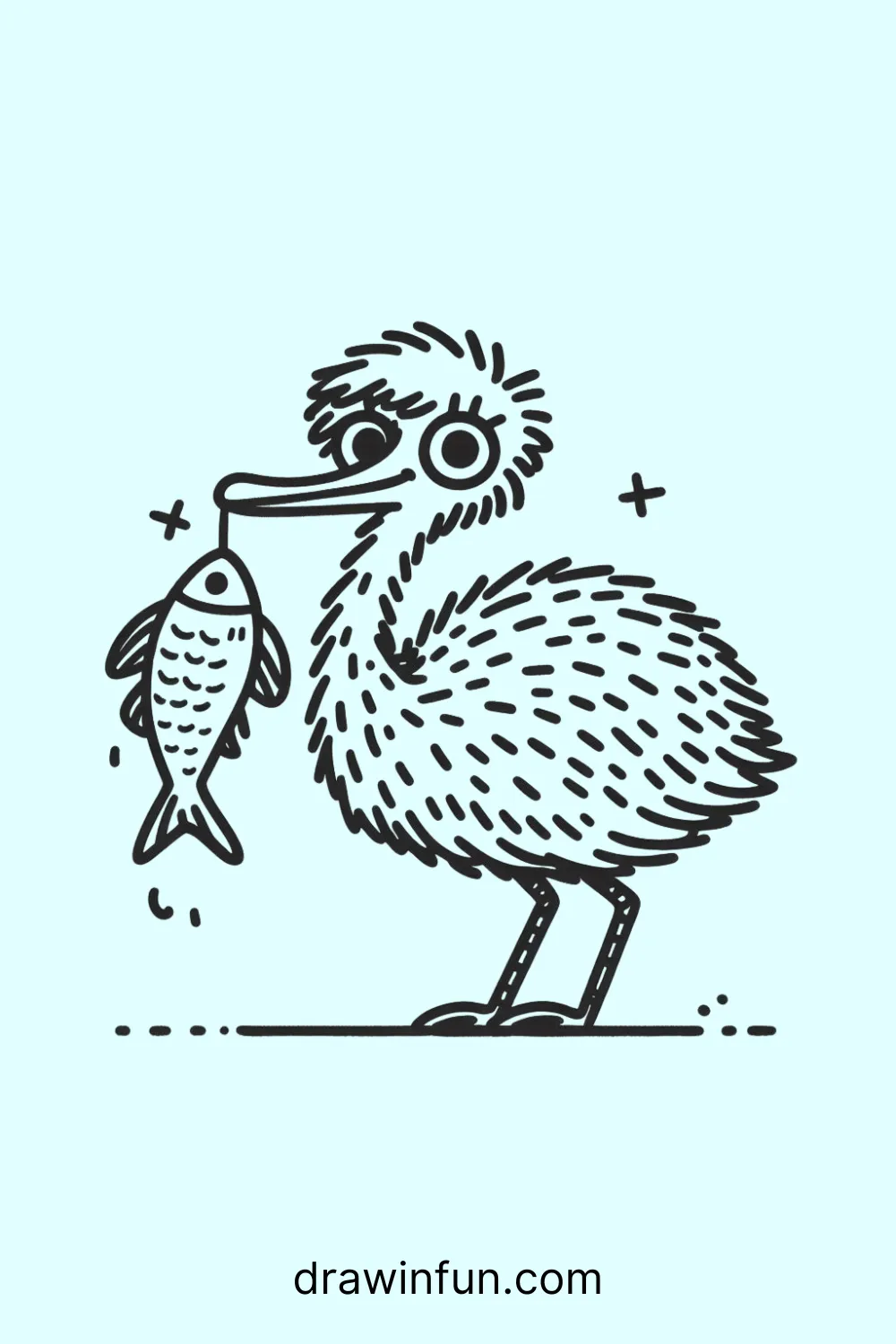 Emu with a Fish easy drawing