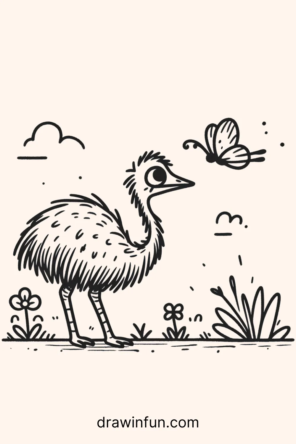 An emu watching a butterfly easy drawing