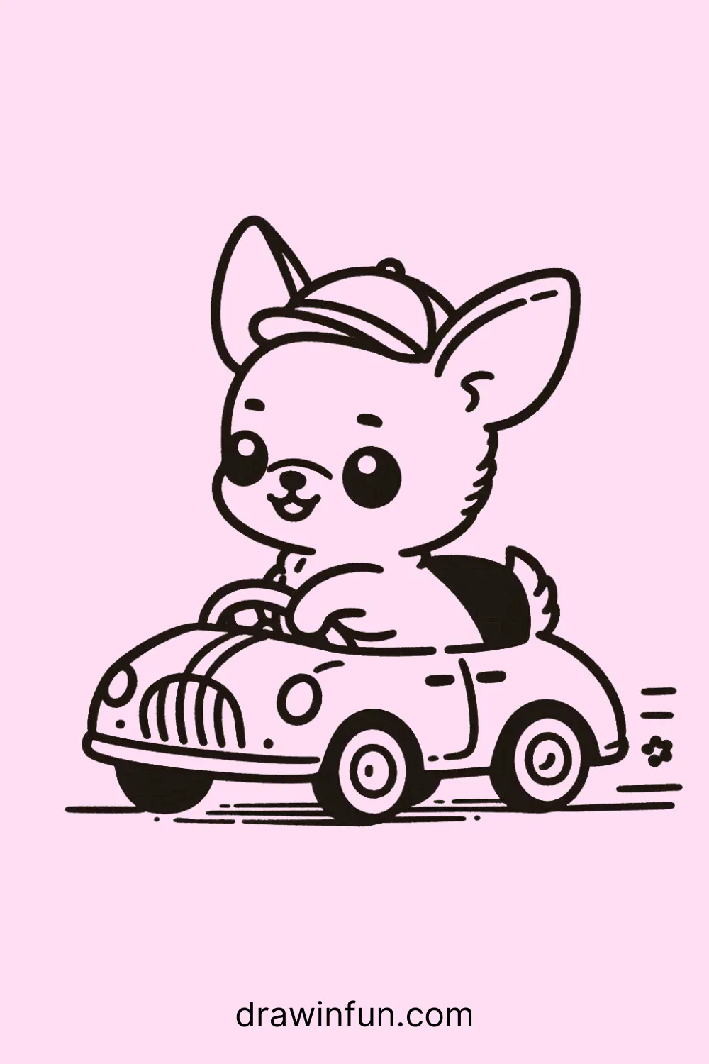 A Chihuahua riding in a small toy car easy drawing