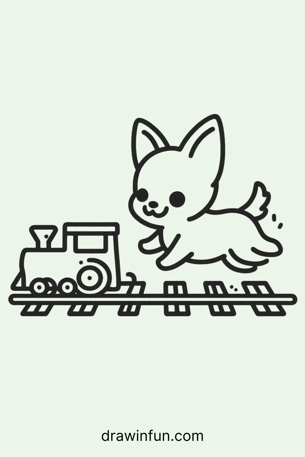 A Chihuahua running alongside a toy train track easy drawing