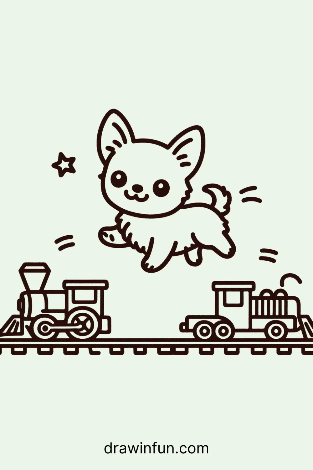 A Chihuahua running alongside a toy train track easy drawing