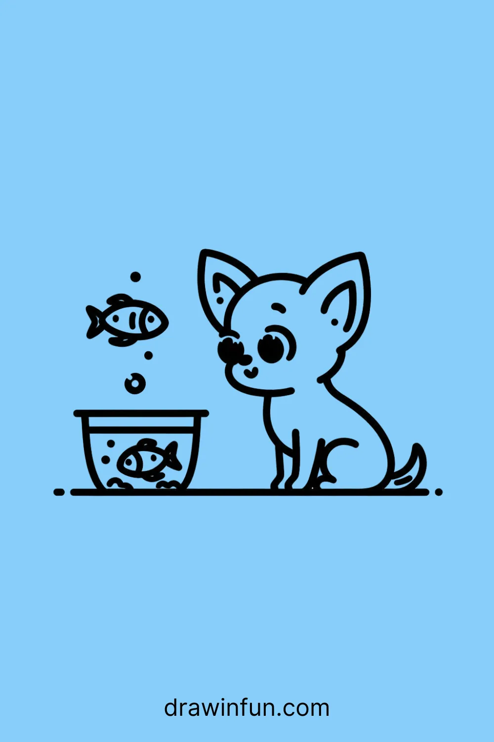 A Chihuahua watching fish in a bowl easy drawing