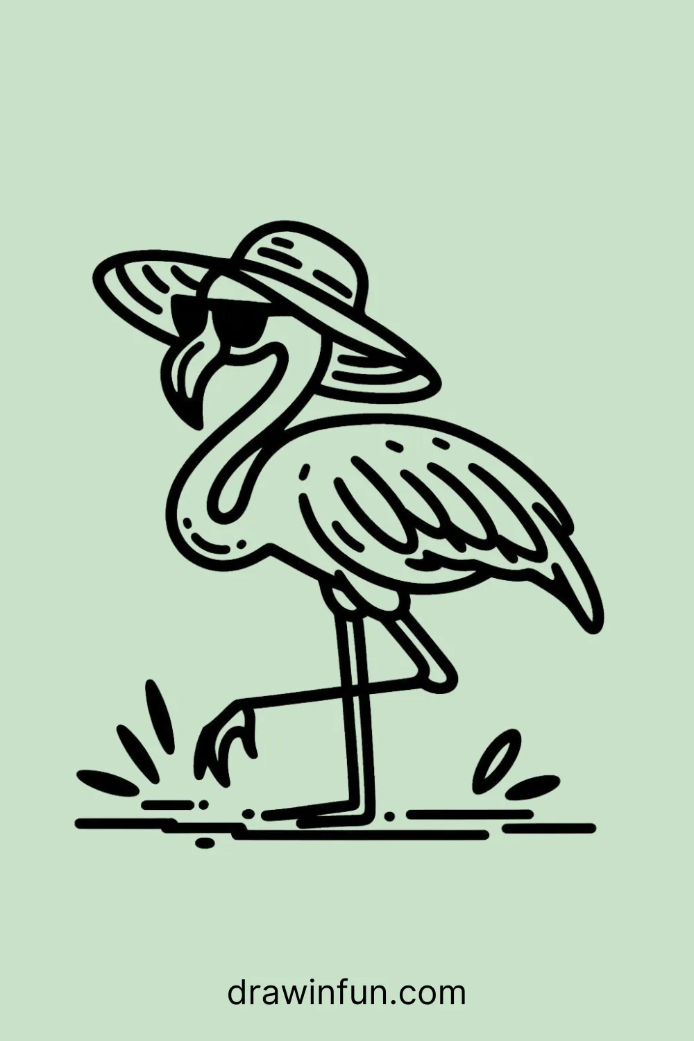 Flamingo wearing a sun hat and sunglasses easy drawing