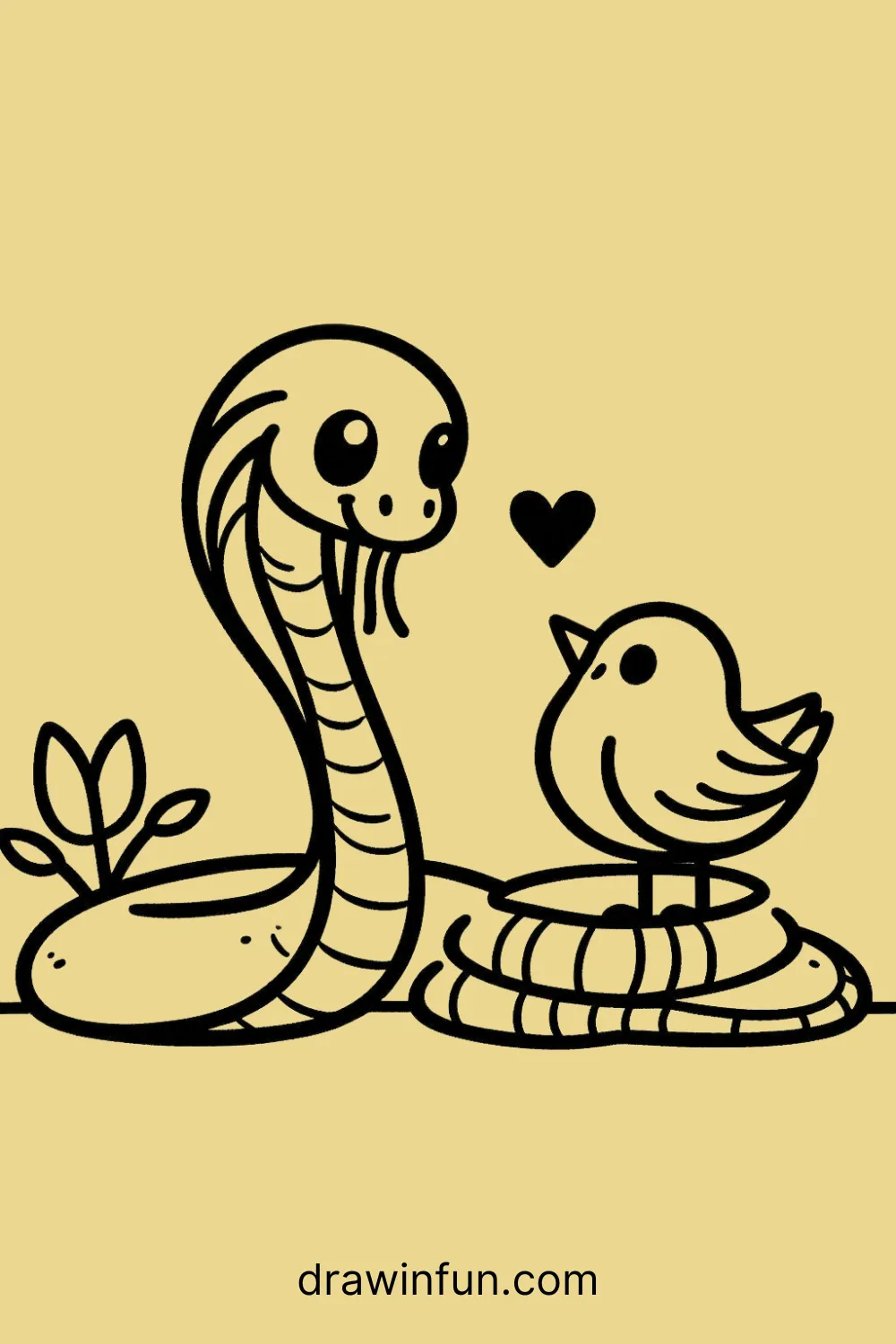 Cobra interacting with a bird easy drawing