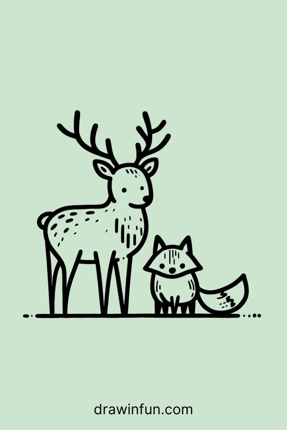 Elk with a small fox easy drawing