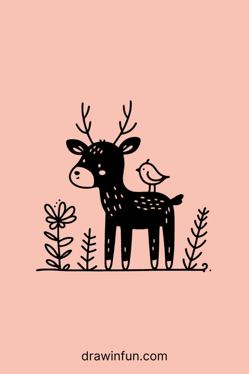 Elk standing with a tiny bird easy drawing