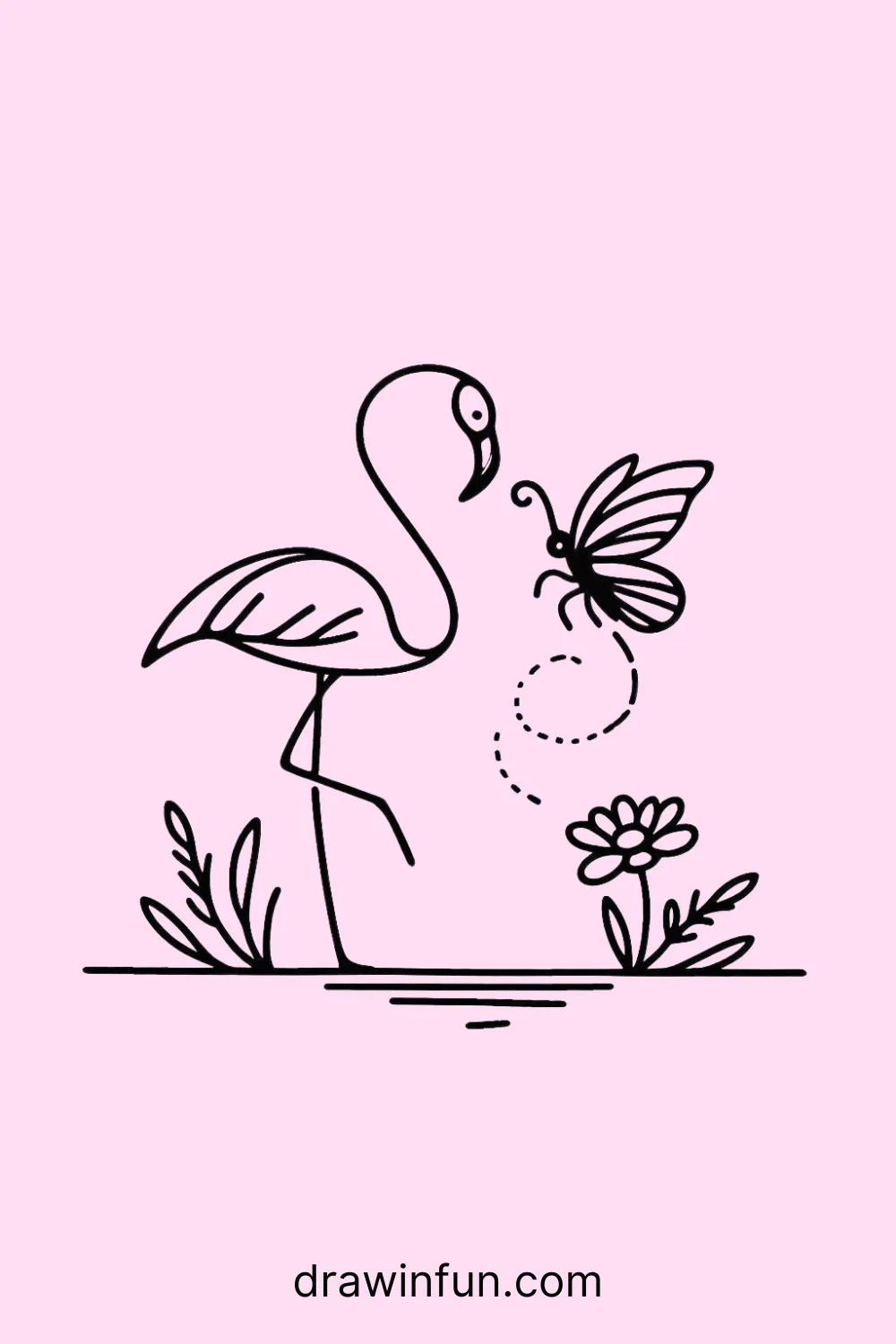 Flamingo and a butterfly easy drawing