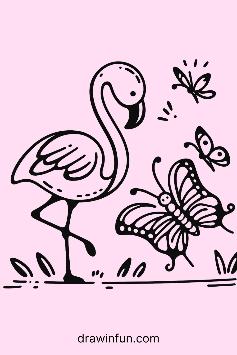 Flamingo and a butterfly easy drawing