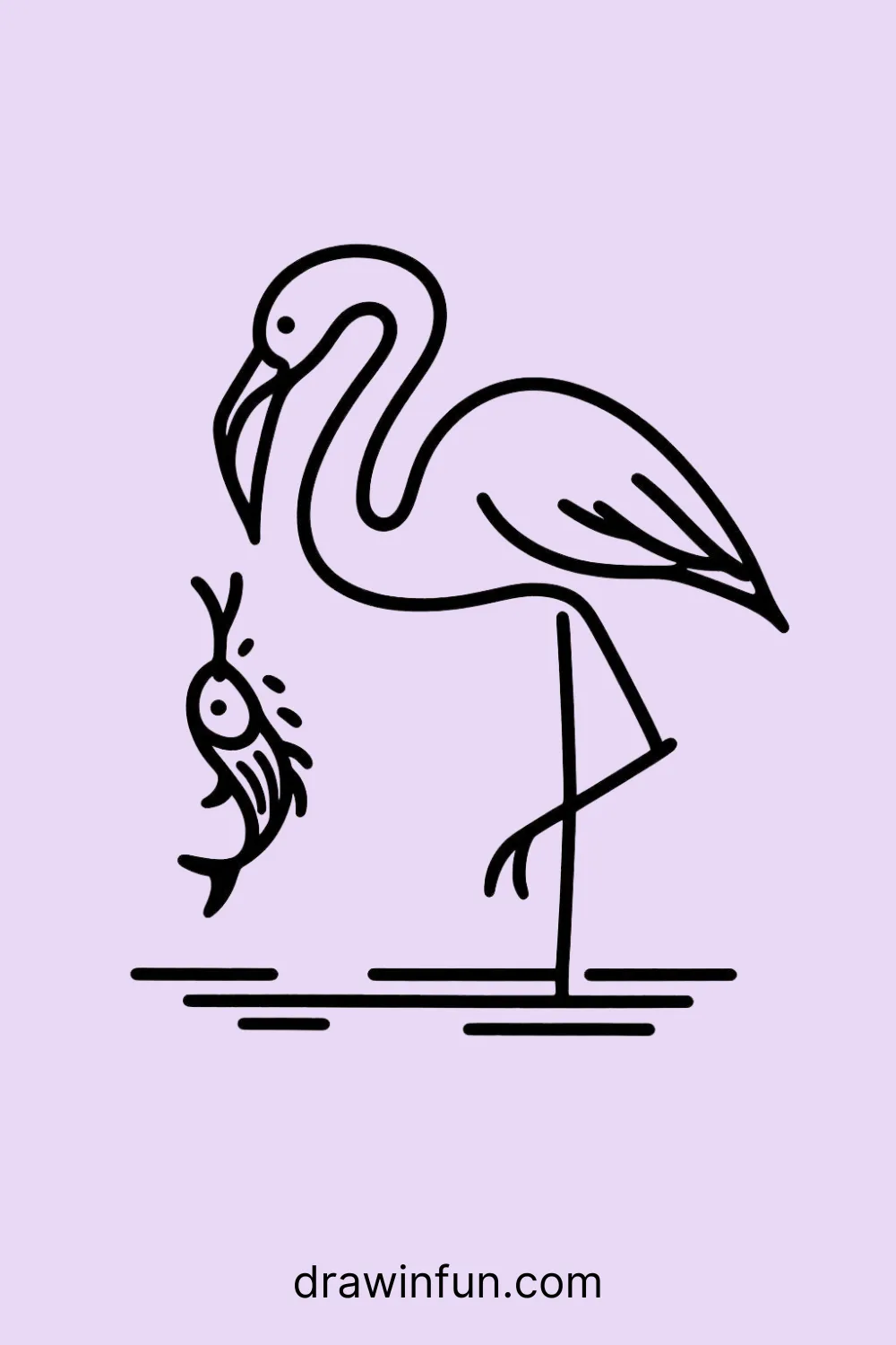 Flamingo with a small fish easy drawing