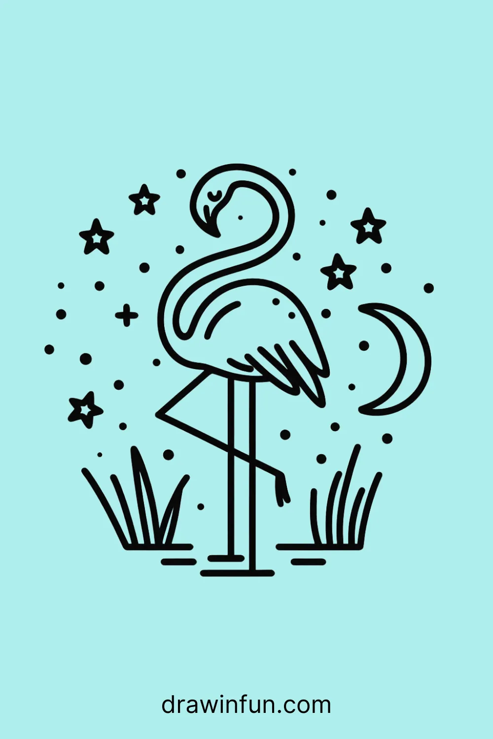 Flamingo surrounded by stars and moon easy drawing