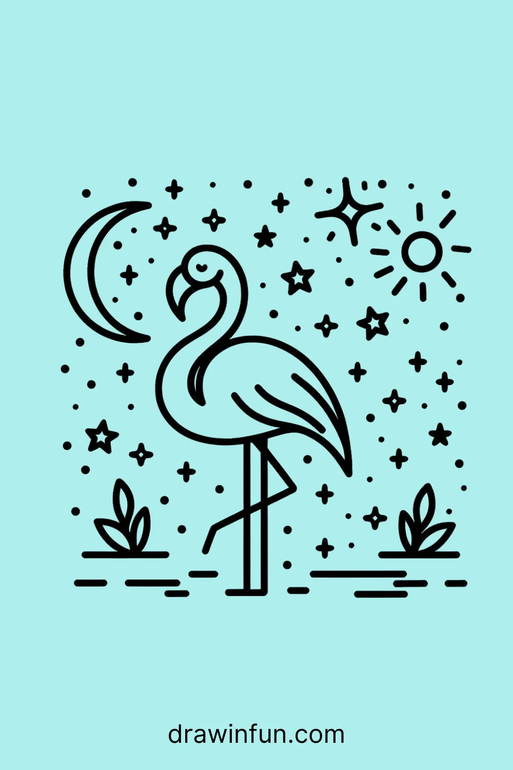 Flamingo surrounded by stars and moon easy drawing