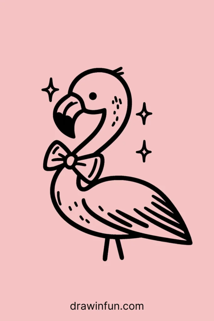 Flamingo with a bowtie easy drawing