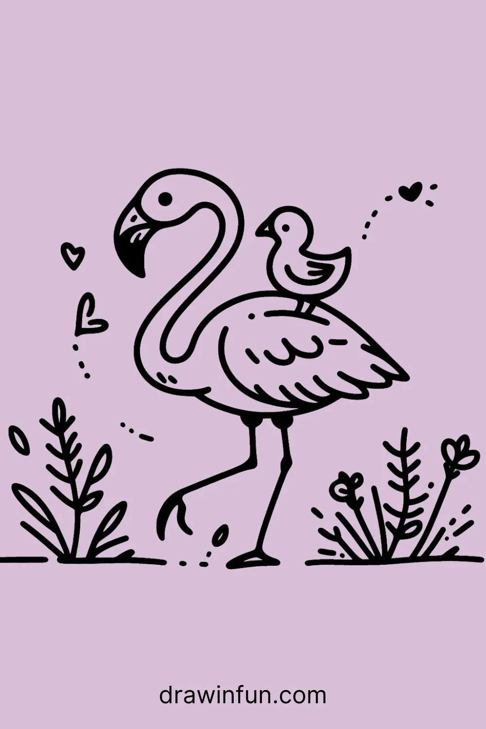 Flamingo with a small bird friend easy drawing