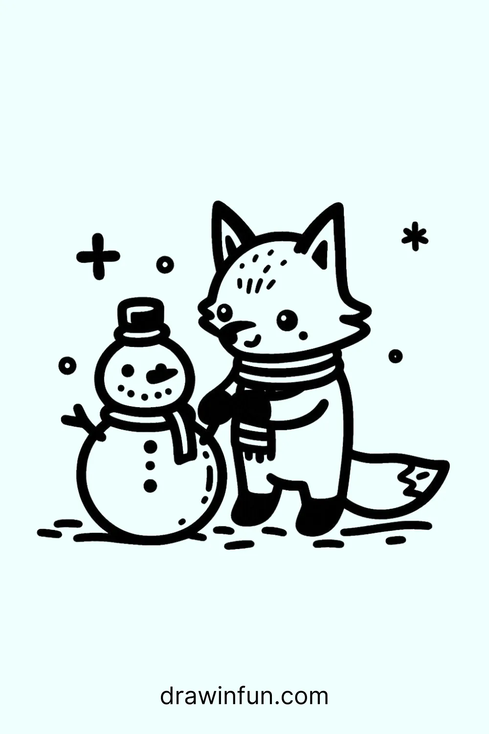 Fox building a snowman easy drawing