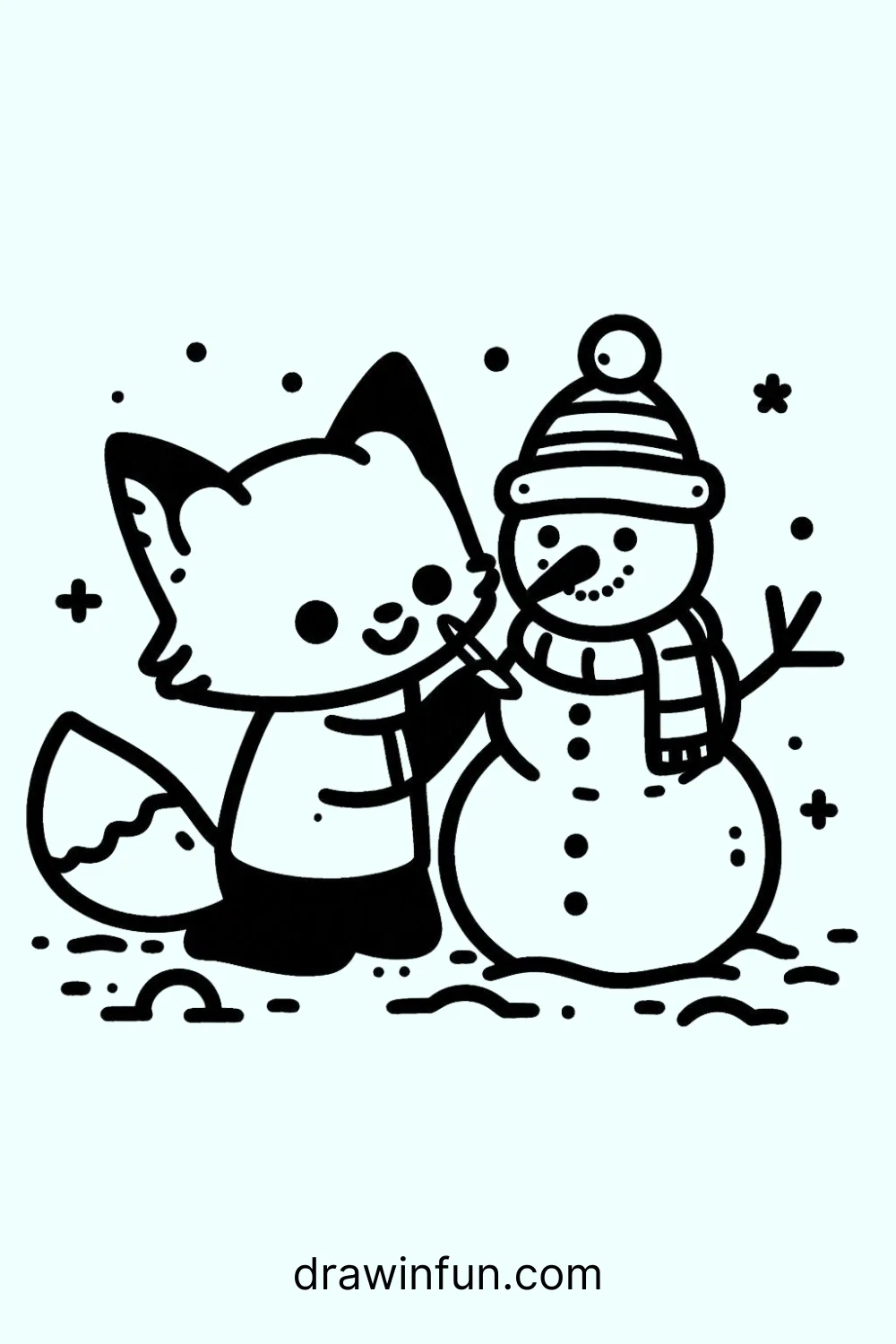 Fox building a snowman easy drawing