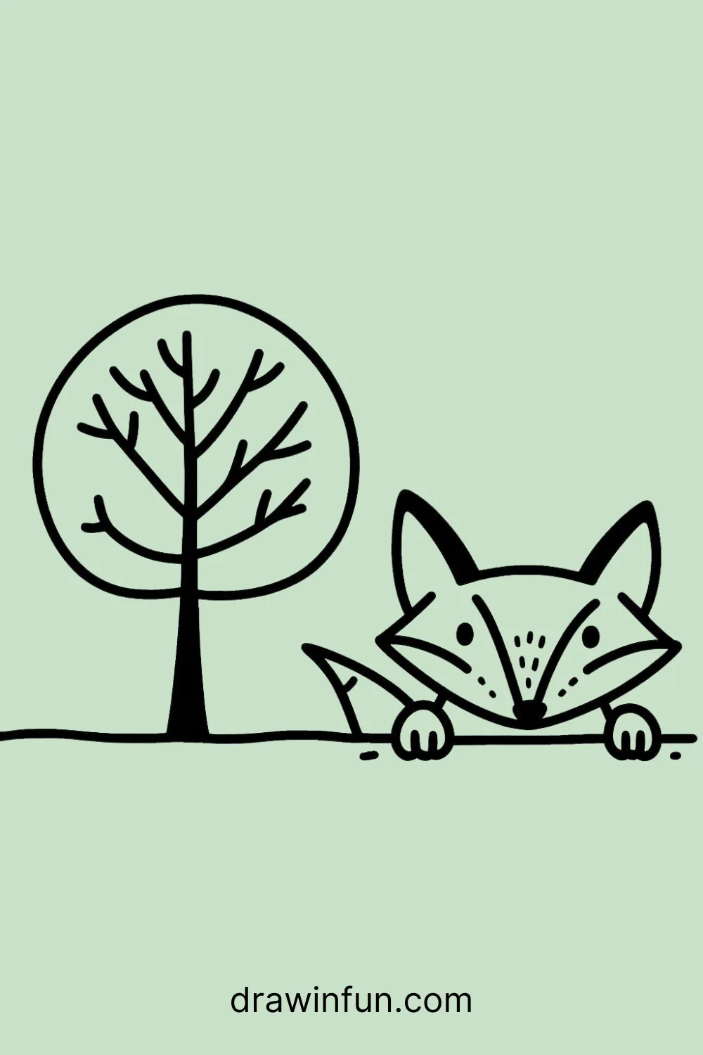 Fox peeking from behind a tree easy drawing