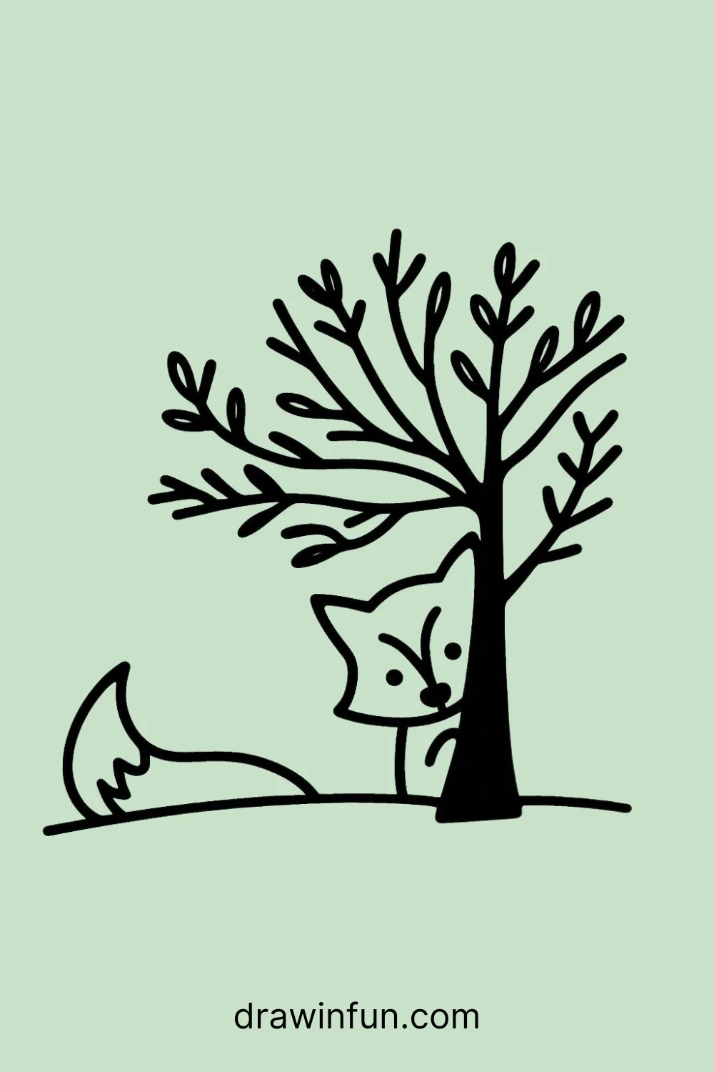 Fox peeking from behind a tree easy drawing