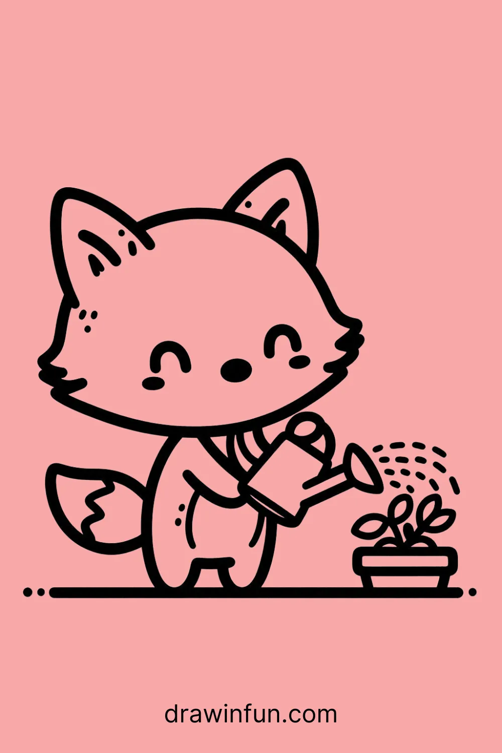 Fox watering a plant easy drawing