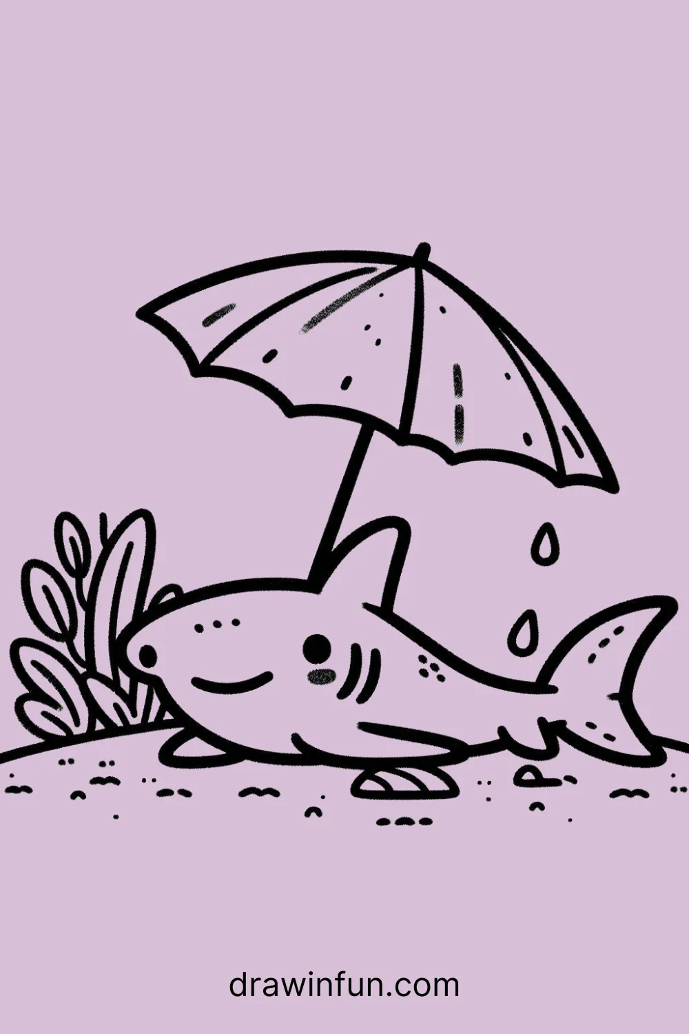 Hammerhead shark with a small umbrella easy drawing