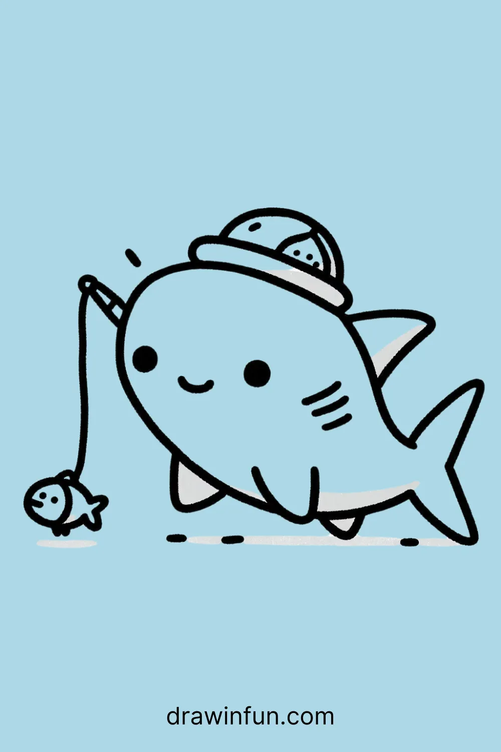 Hammerhead shark with a fishing hat easy drawing