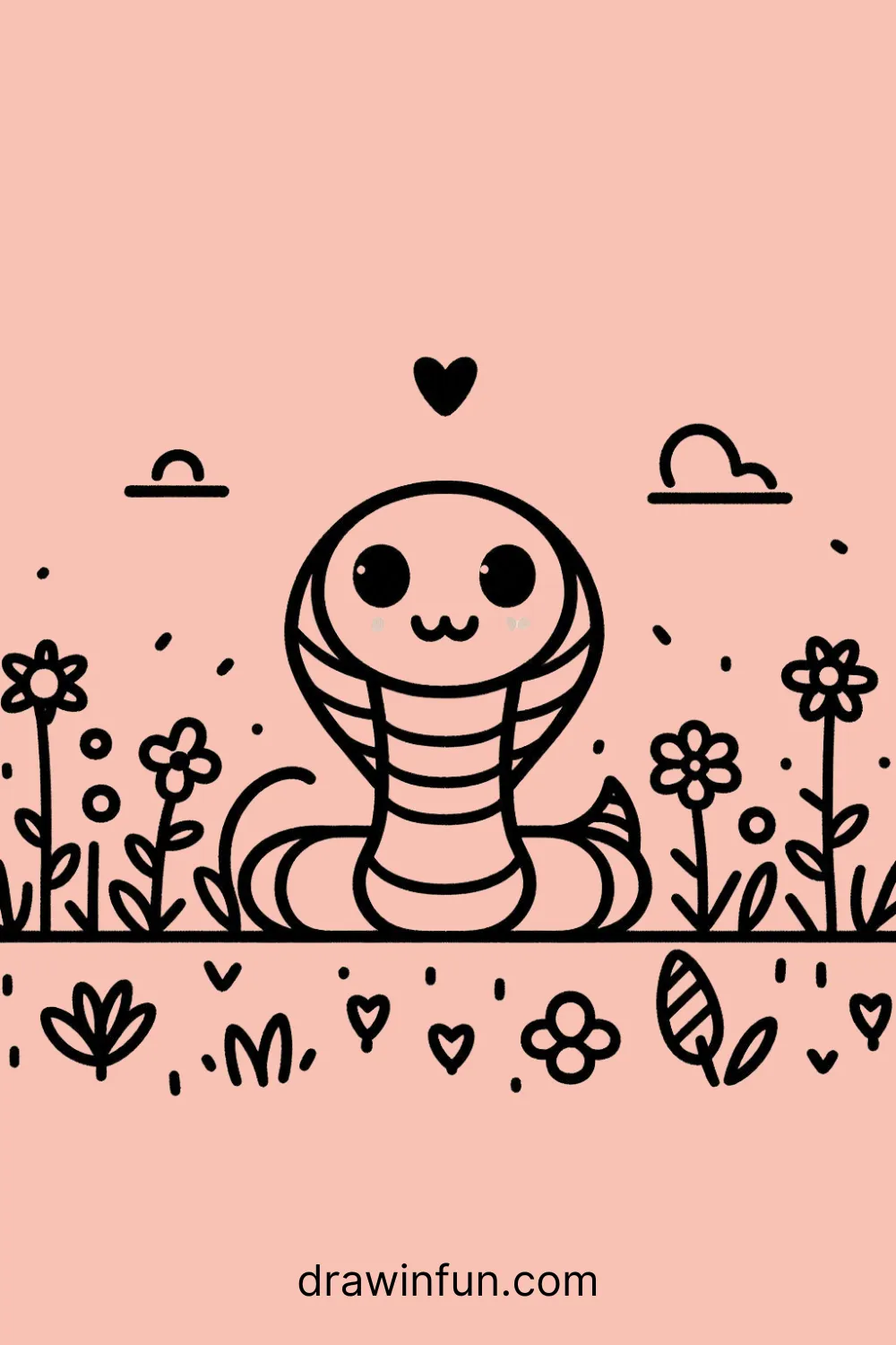 A King Cobra slithering through flowers easy drawing