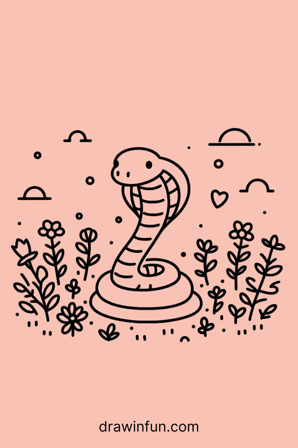 A King Cobra slithering through flowers easy drawing