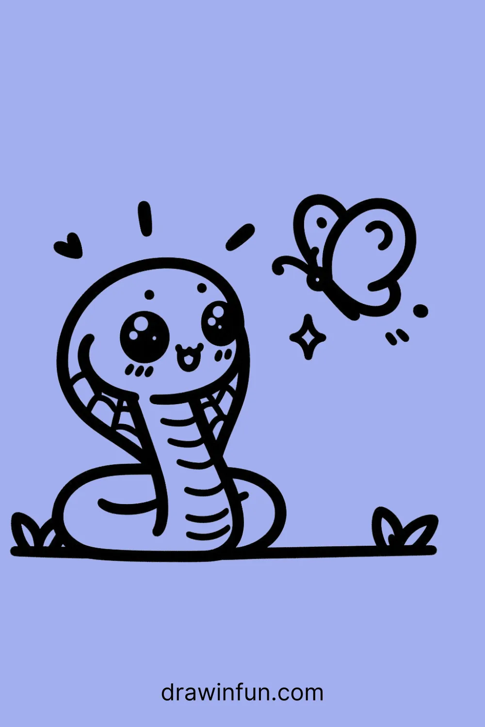 A King Cobra seeing a butterfly easy drawing