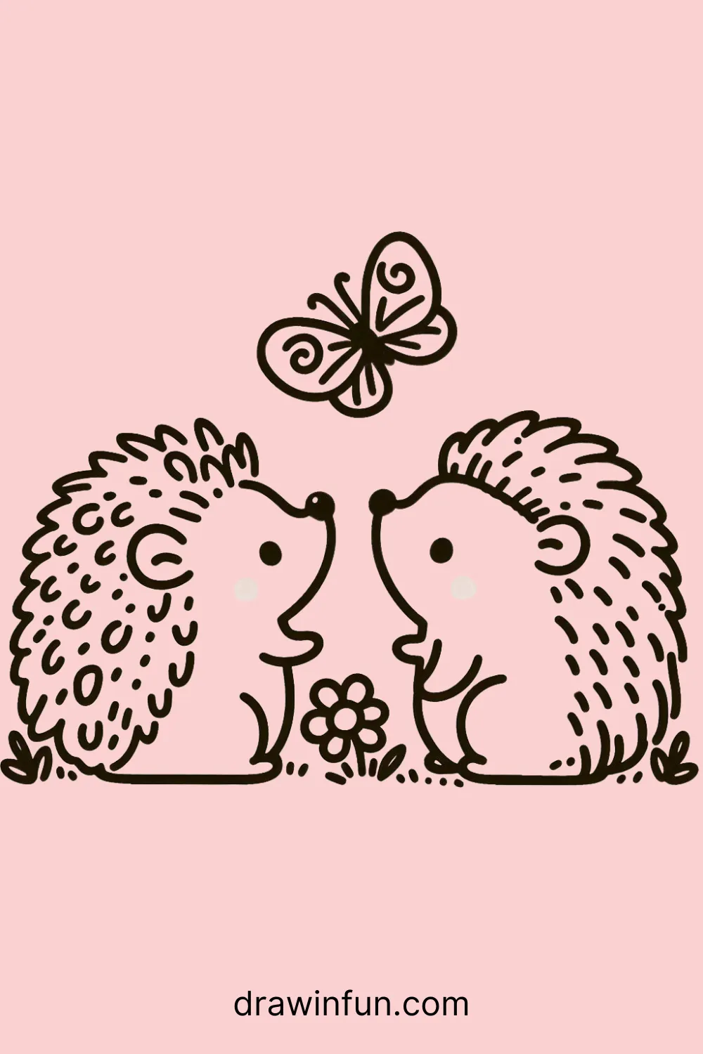 A hedgehog looking at a butterfly easy drawing