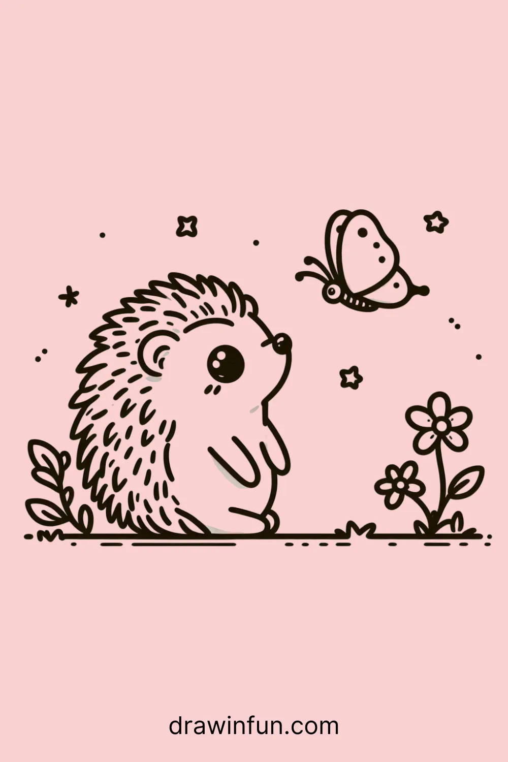 A hedgehog looking at a butterfly easy drawing