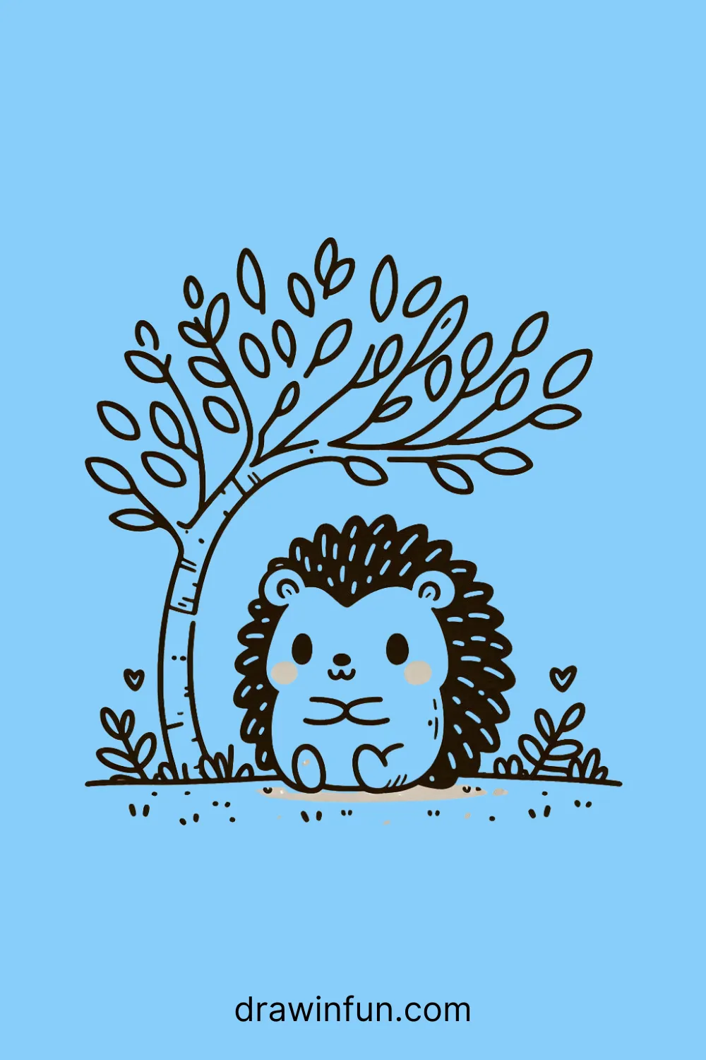 A hedgehog sitting under a tree easy drawing