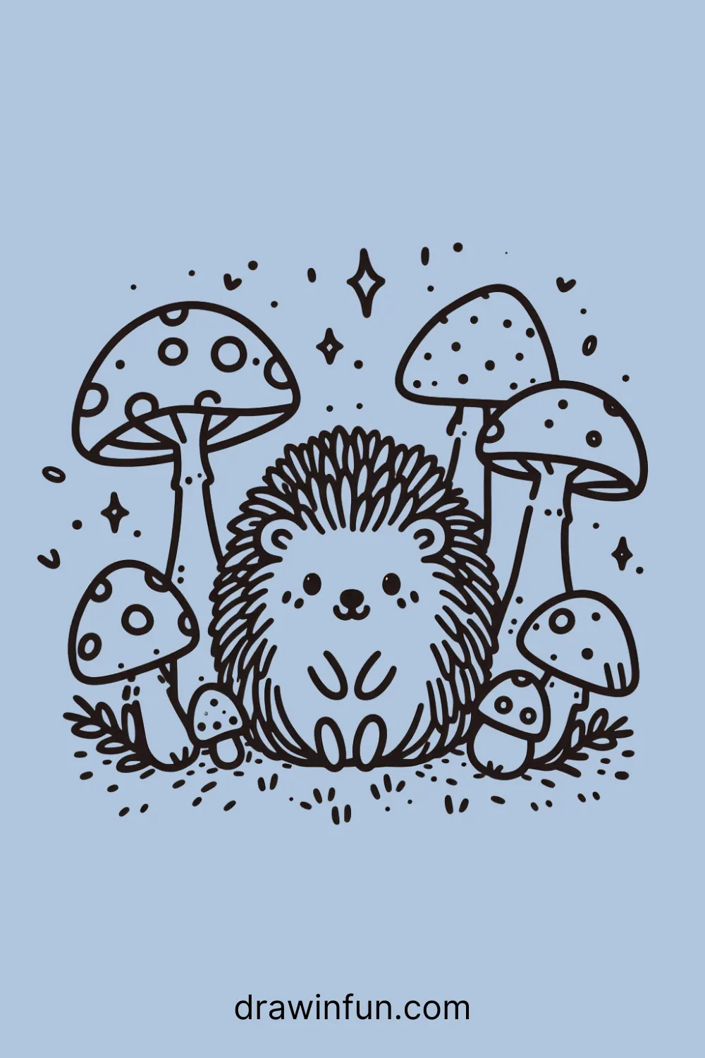 A hedgehog surrounded by mushrooms easy drawing