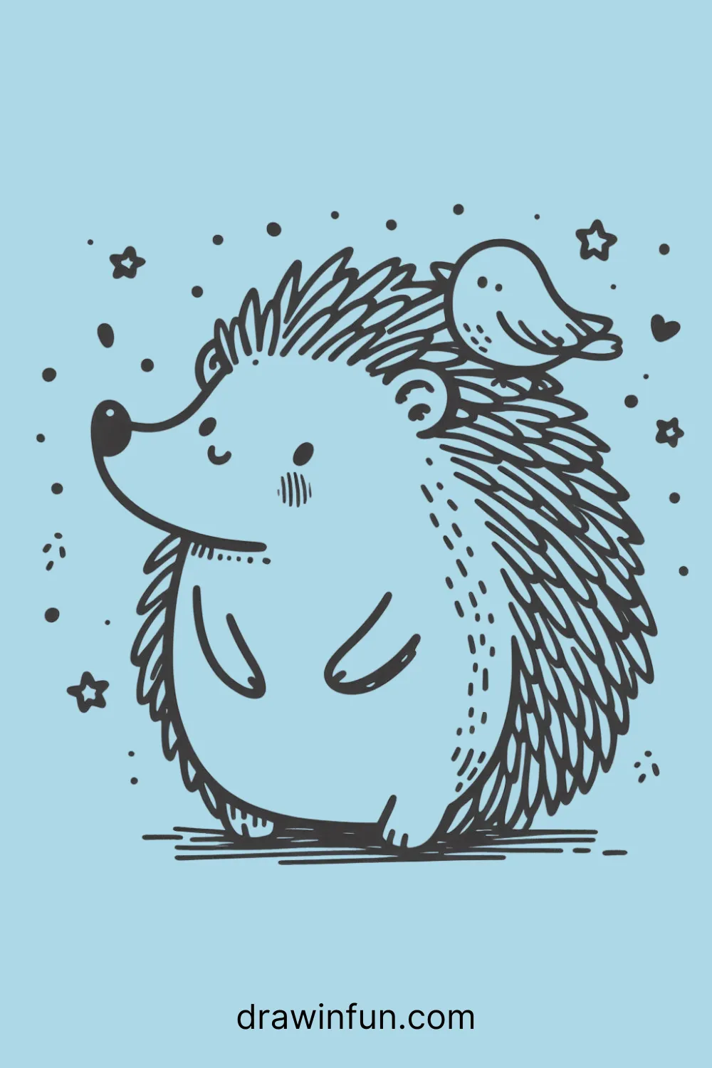 A hedgehog with a bird nest easy drawing