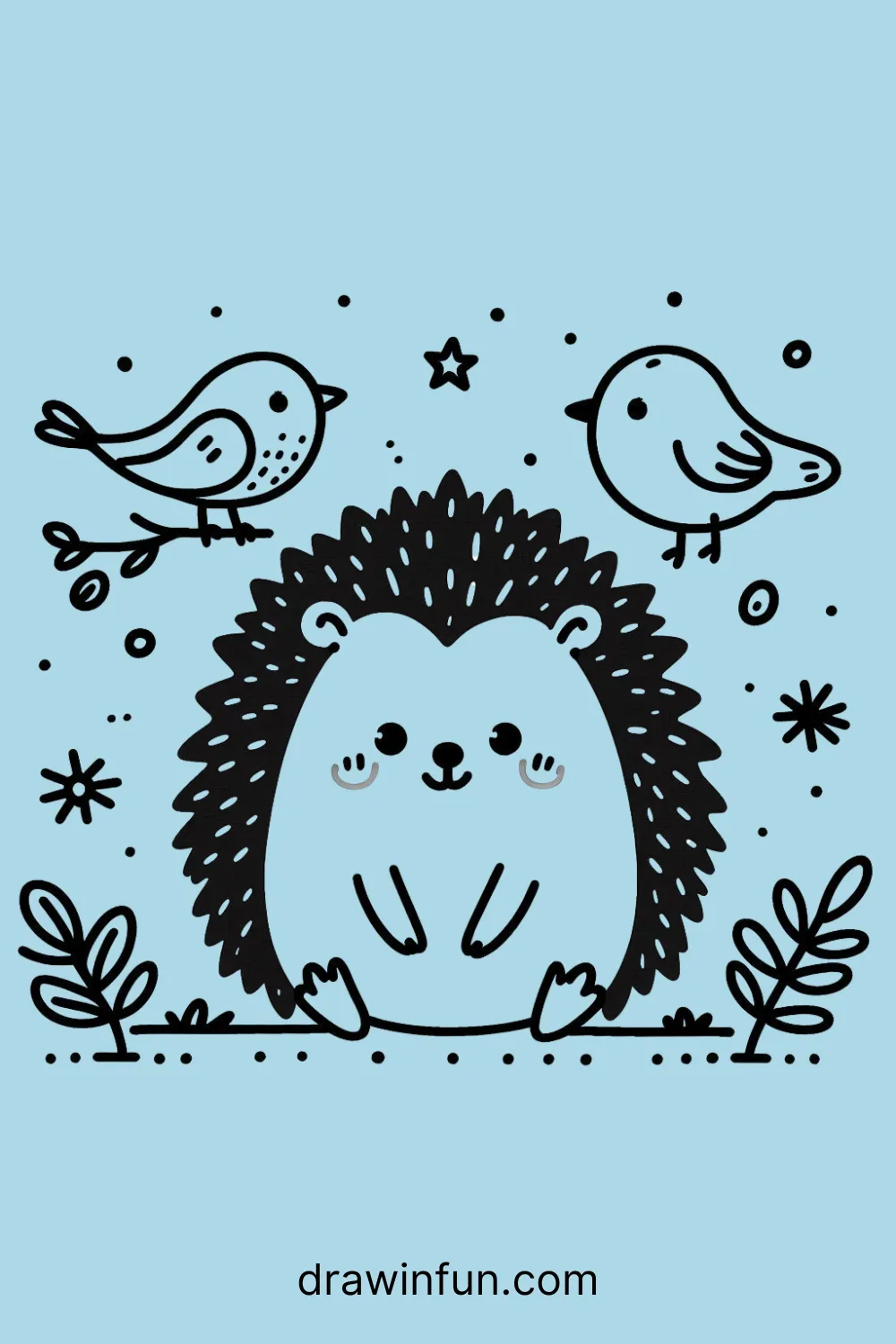 A hedgehog with a bird nest easy drawing