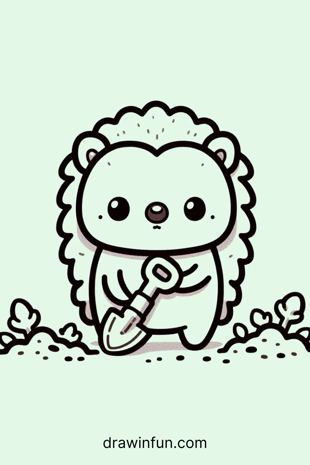 A hedgehog with a small shovel easy drawing