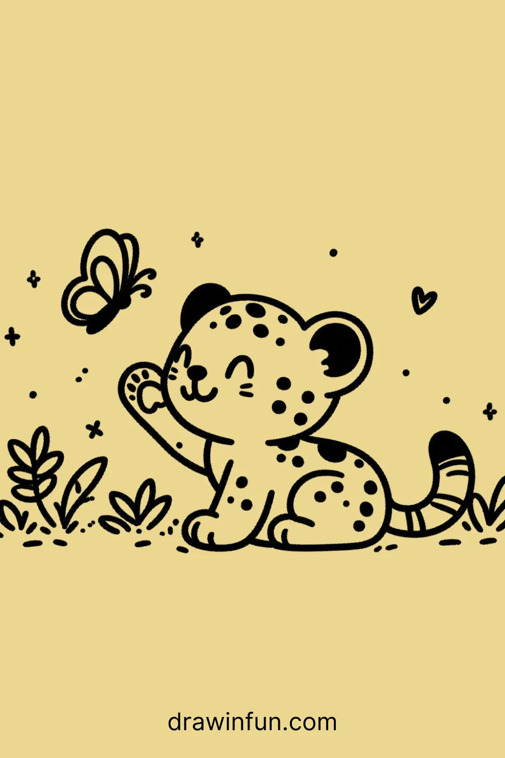 A jaguar pawing at a butterfly easy drawing