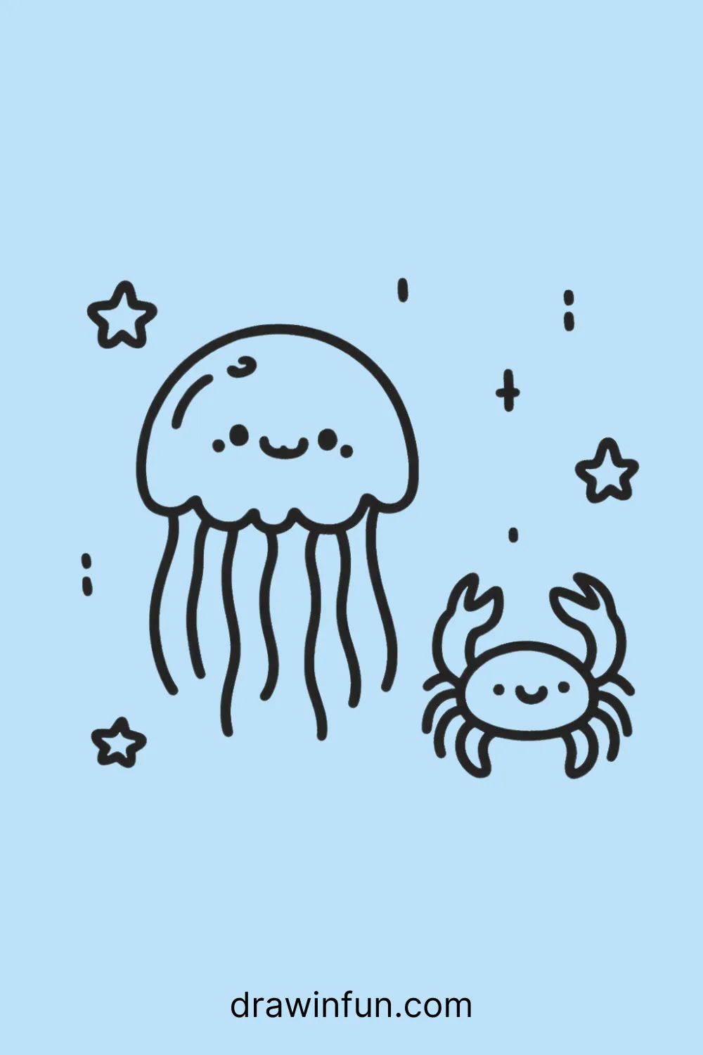 A jellyfish with a tiny crab easy drawing