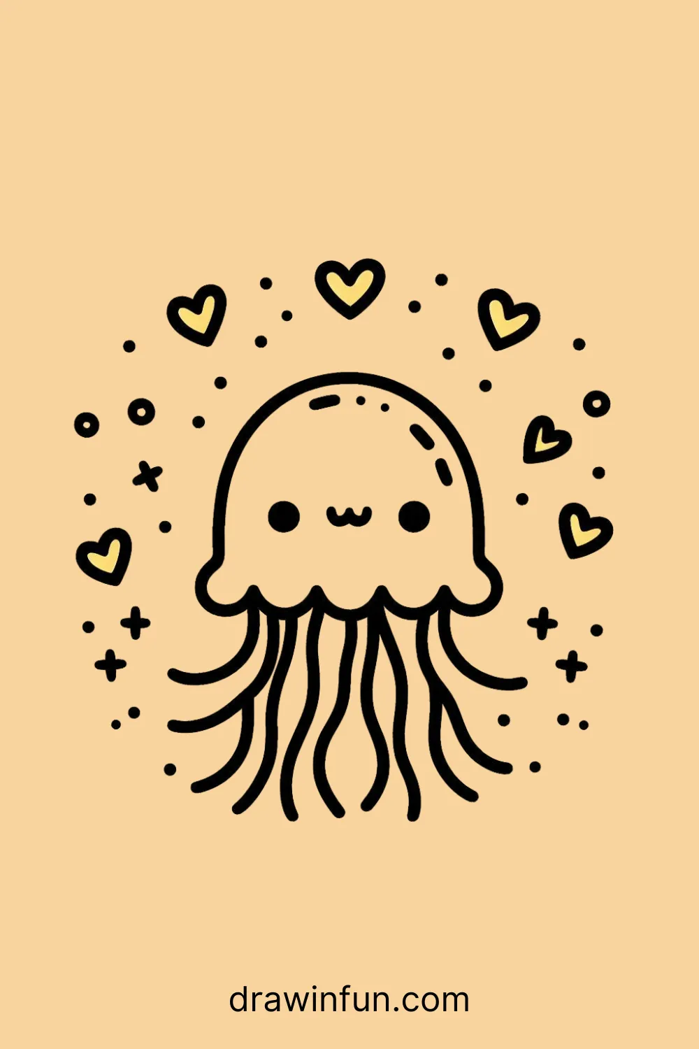 A jellyfish surrounded by hearts easy drawing