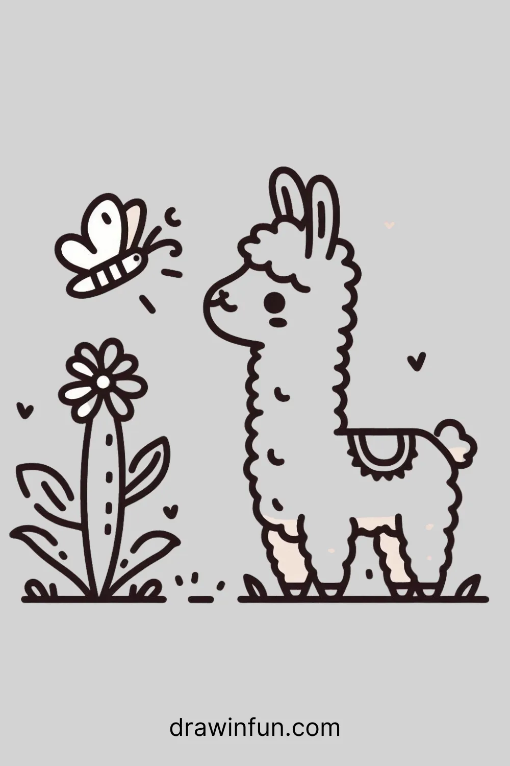 A llama looking at a butterfly easy drawing