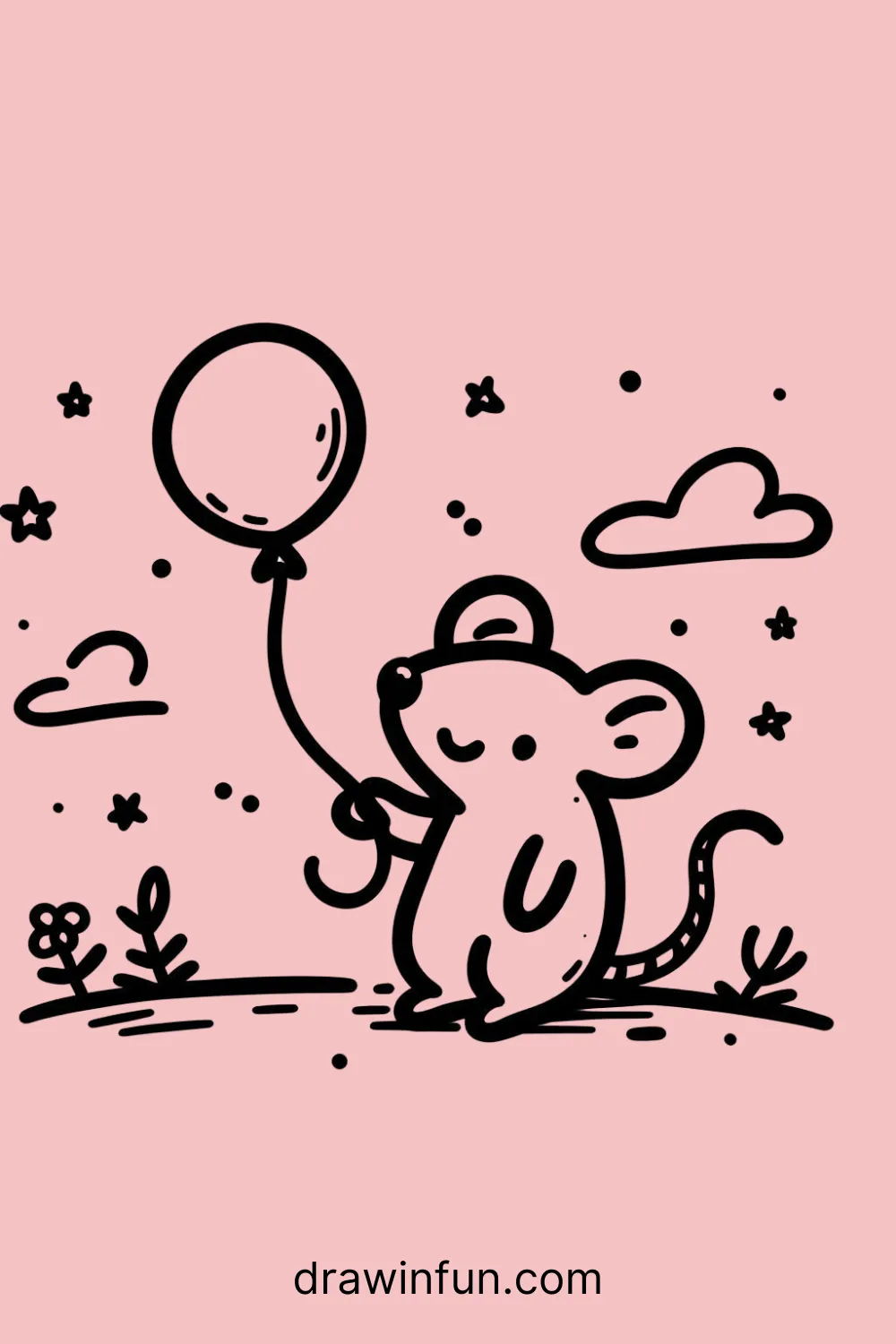 A mouse holding a tiny balloon easy drawing