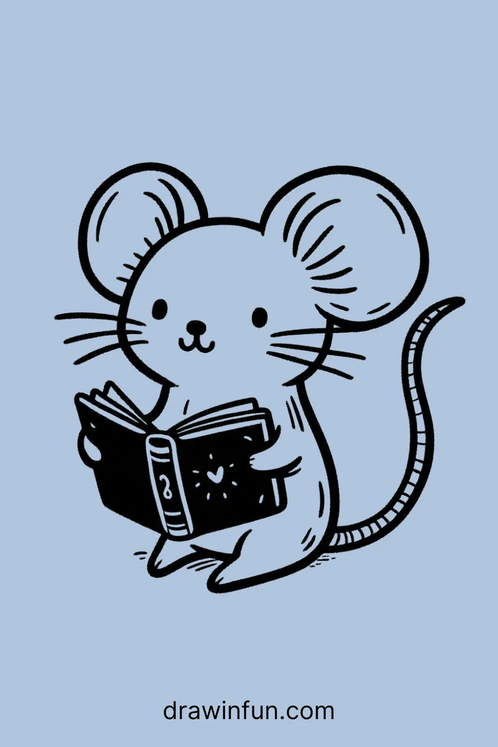 A mouse reading a tiny book easy drawing