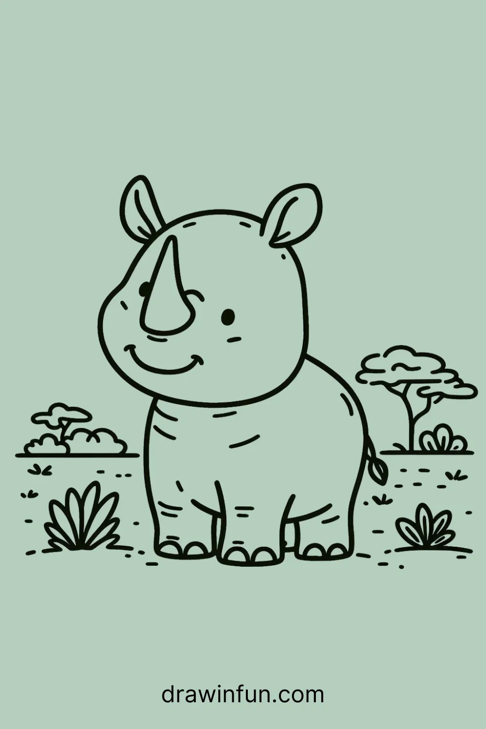 A rhinoceros standing in the savanna easy drawing