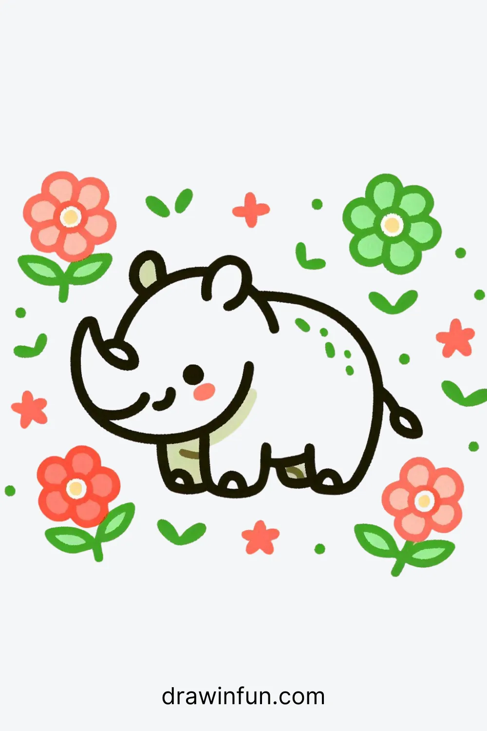 A rhinoceros surrounded by flowers easy drawing