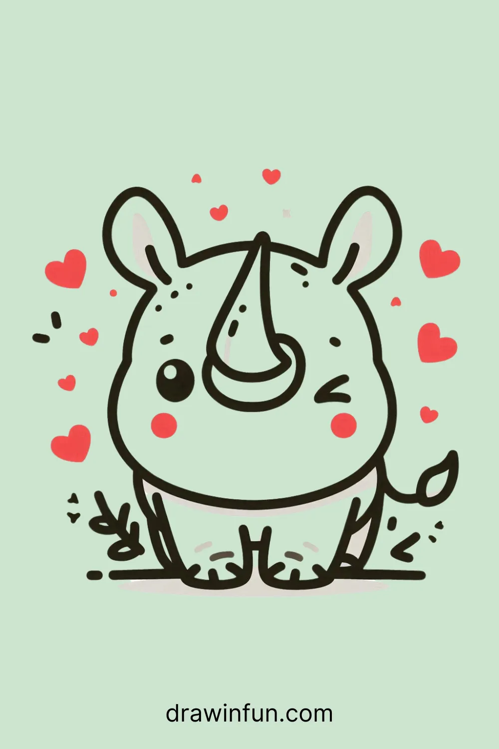 A rhinoceros surrounded by little hearts easy drawing