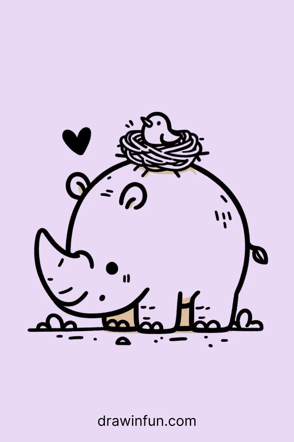 A rhinoceros with a bird nest easy drawing